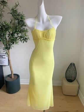 Beginning Boutique Yellow Backless Mesh Midi Dress Bodycon M